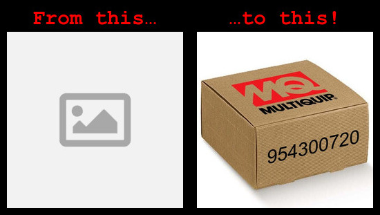 An image of a generic placeholder compared to an image of a brown box with manufacturer logo and part number superimposed