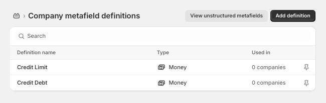 Screenshot of Shopify Company Credit Limit metafields