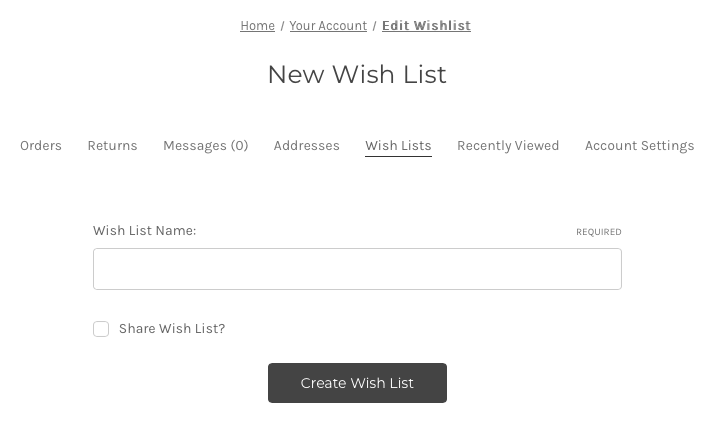 Screenshot of BigCommerce's native My Account Wishlist functionality from the Cornerstone theme